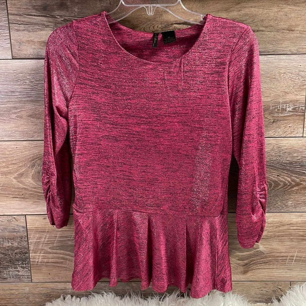 NUE OPTIONS Ladies 3/4 Ruched Sleeves Peplum Metallic Threads Top Dark Pink PS